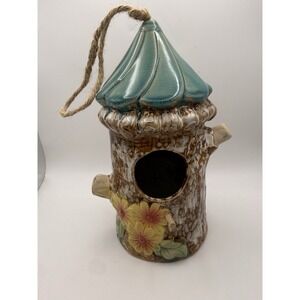 Cute Log Tree Trunk Yellow Flowers Ceramic Bird House Bird Feeder Turquoise Blue